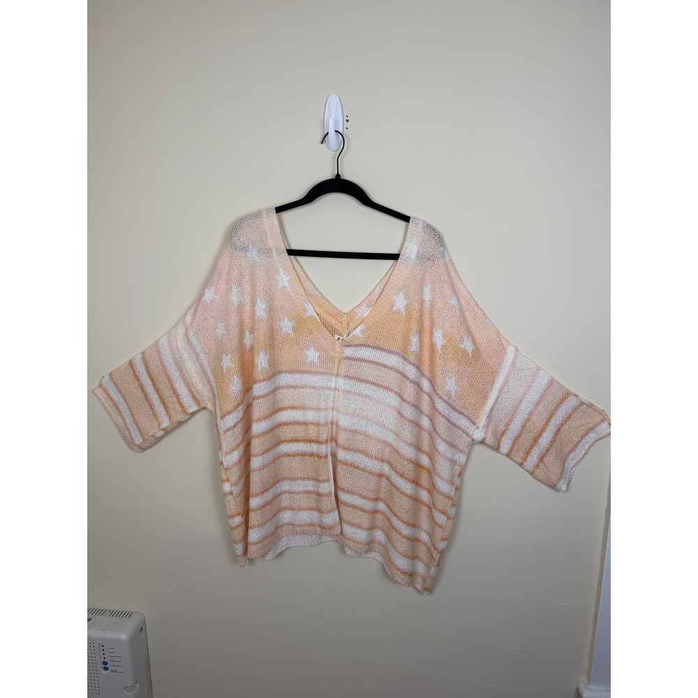 POL Color In Stars Sweater Oversized L Pastel Peach Pink V Neck Boho
